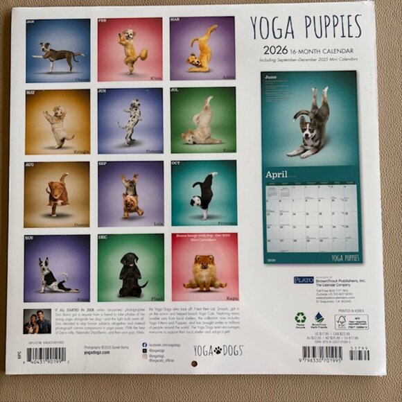 Yoga Puppies 2026 Wall Calendar 16 Months 12"x12" - NEW-SEALED - Picture 2 of 2